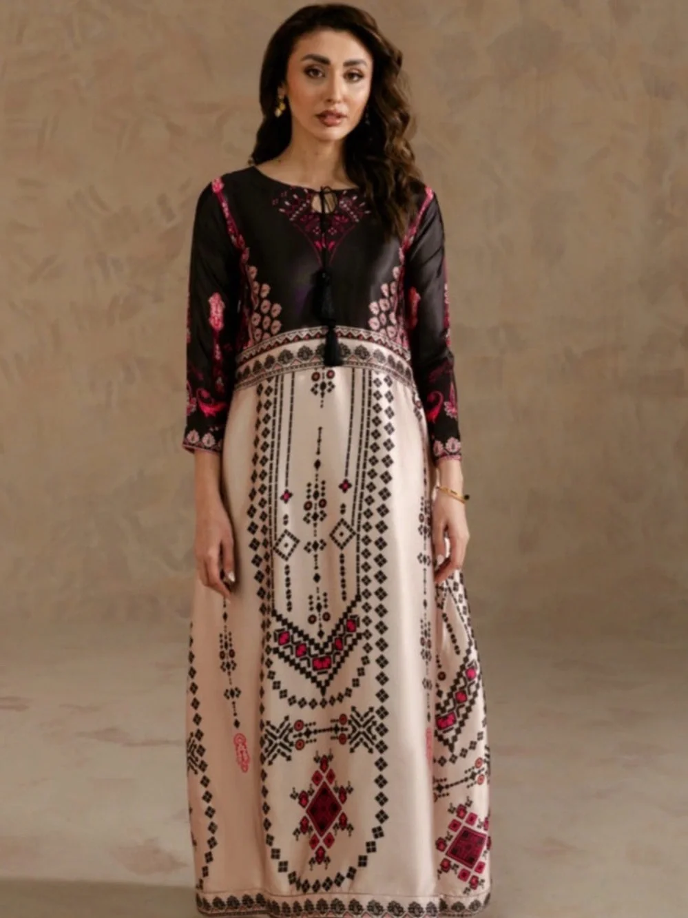 Charmeuse Black & Cream Maxi Dress with Pink Accents.
